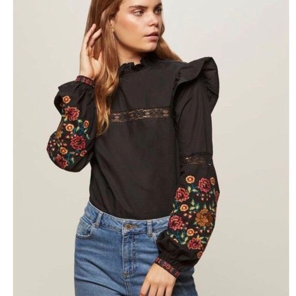 Miss Selfridge Tops - Miss Selfridge Embroidered Balloon Sleeve Blouse